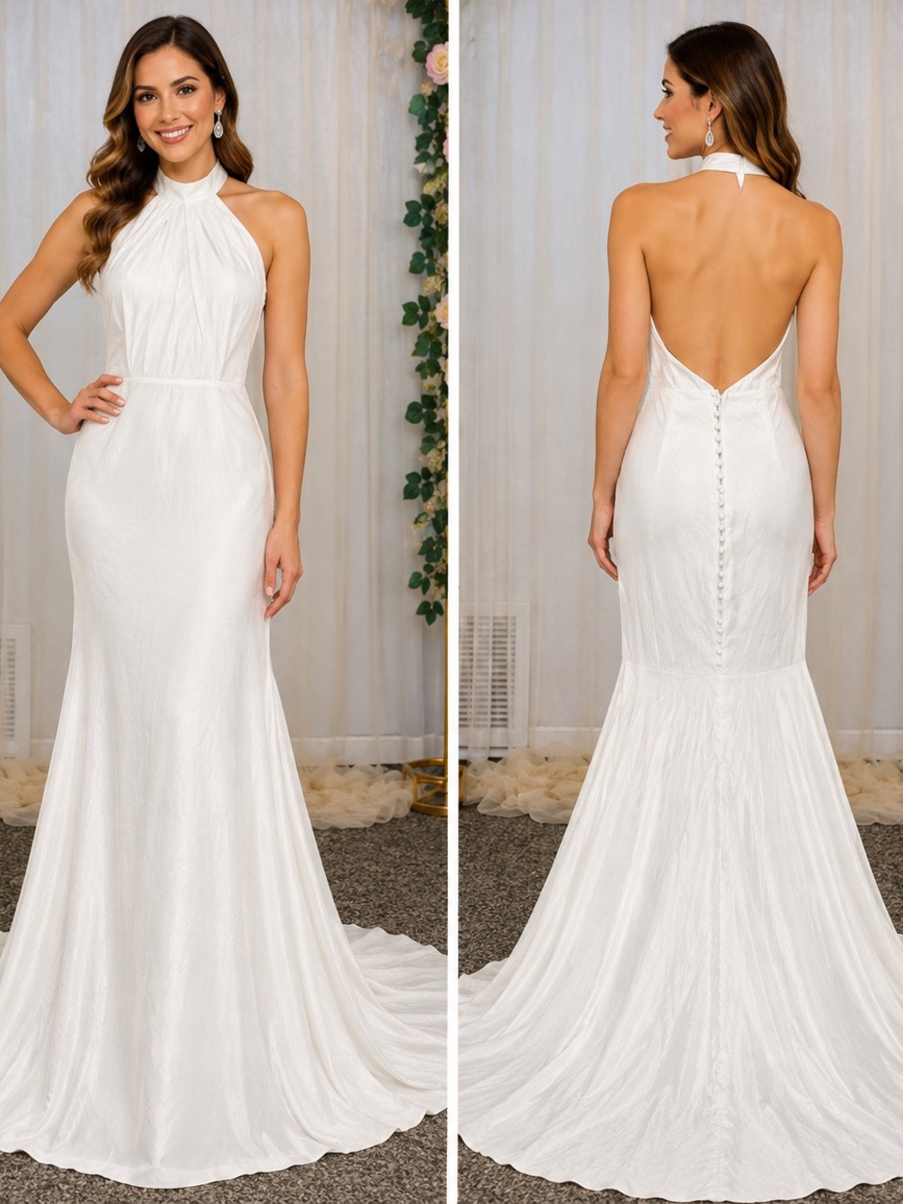 Lulus White Satin Halter Open Back Mermaid Wedding Dress M